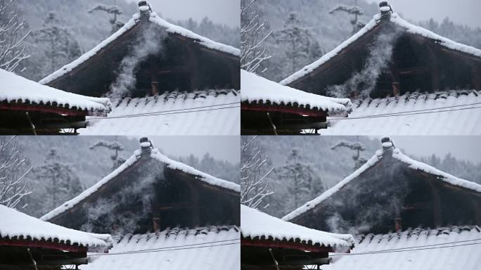 乡村生活山乡雪景炊烟袅袅