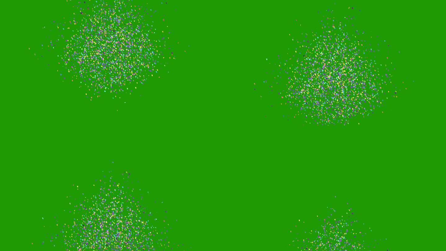 绿色屏幕上五彩纸屑爆炸。假日或派对背景