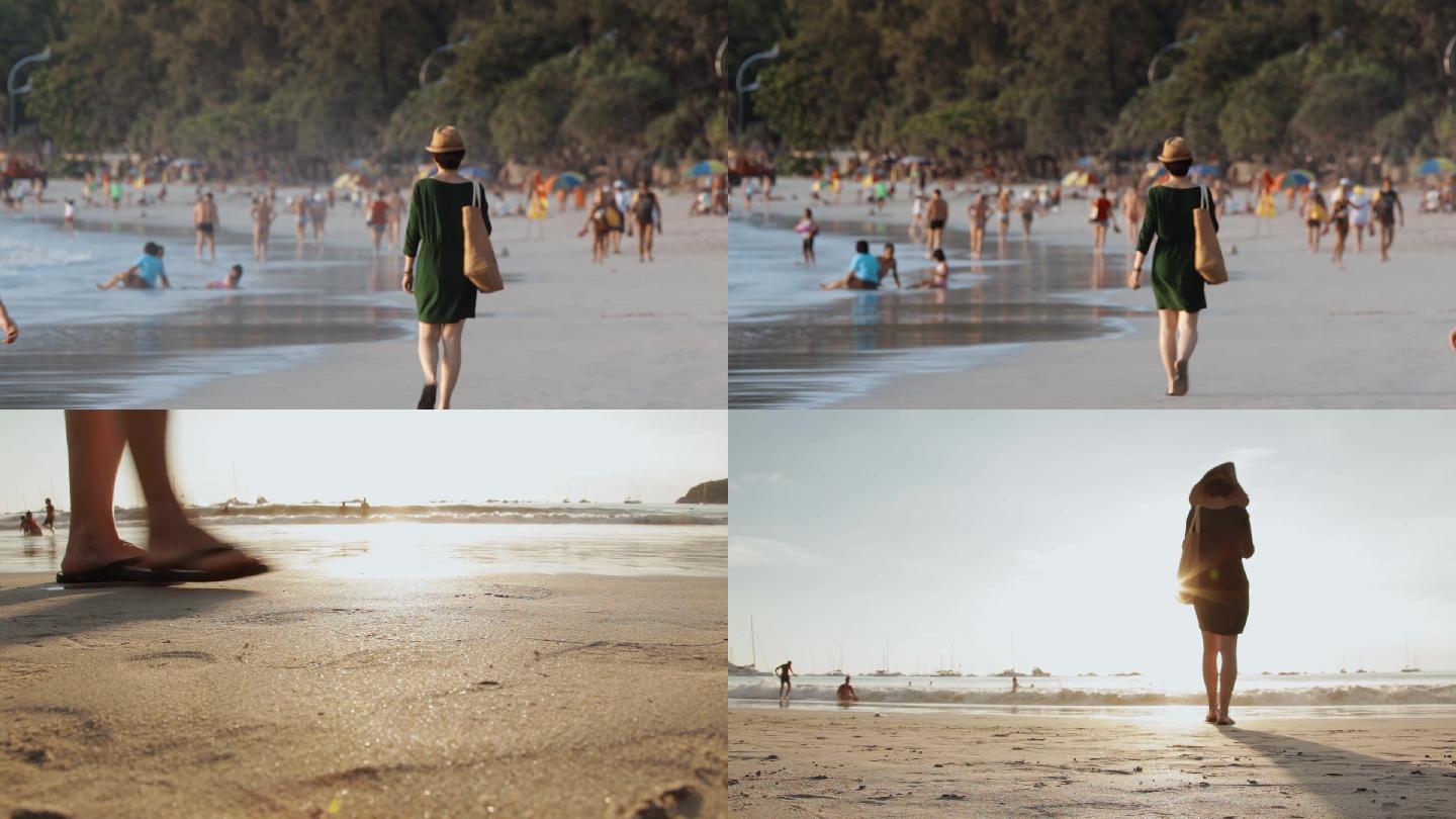 泰国旅游视频金色夕阳白沙滩美女游客