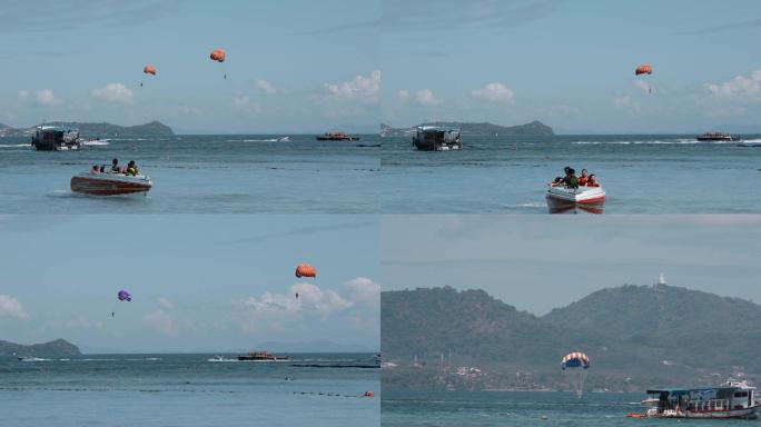 泰国旅游视频普吉岛蓝色海面上水上跳伞运动
