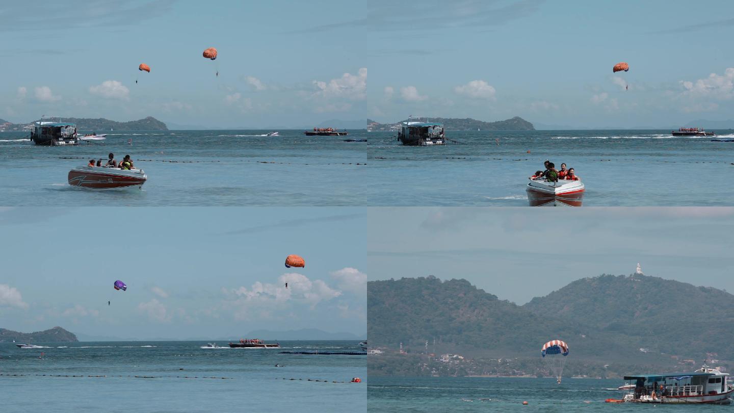 泰国旅游视频普吉岛蓝色海面上水上跳伞运动