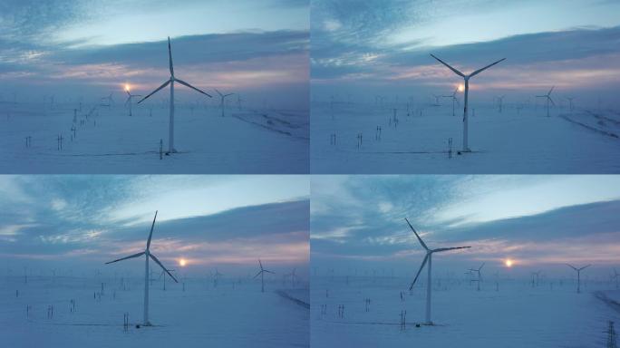 航拍新疆冬日五彩滩之新疆布尔津风力发电场