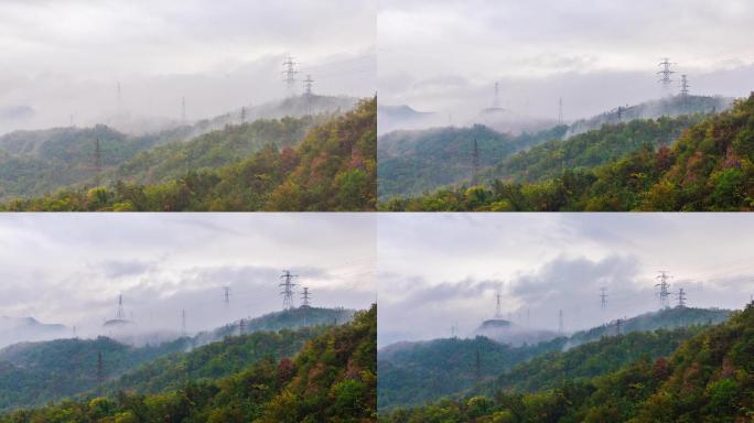电线塔云雾缭绕延时摄影4K