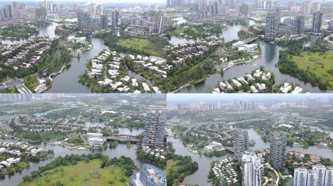 成都麓湖生态城别墅区湖景房高端住宅区航拍