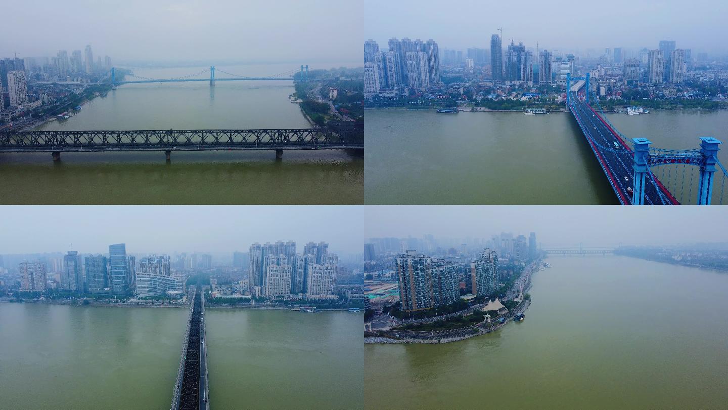 航拍4K素材.雨雾中襄阳汉江和大桥