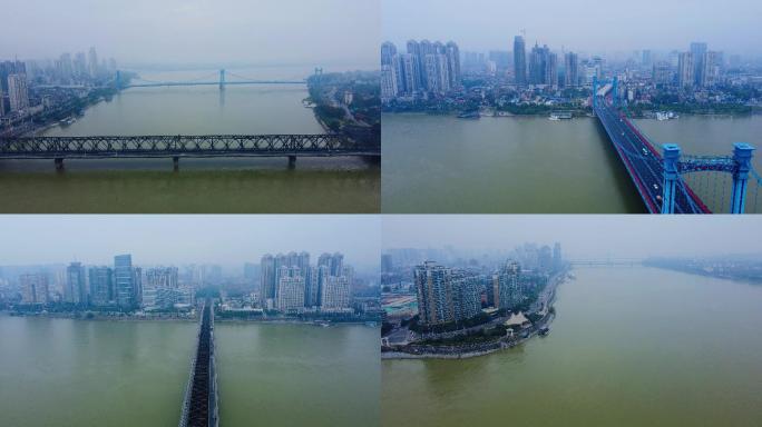 航拍4K素材.雨雾中襄阳汉江和大桥