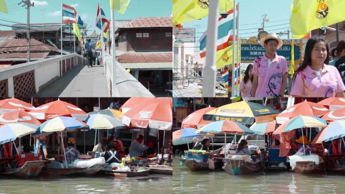 泰国旅游视频泰国水上市场当地民众游客