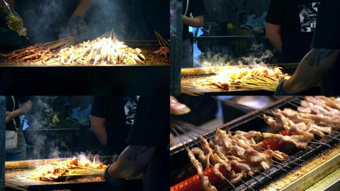 街头烤串烤肉鱿鱼烤生蚝美食