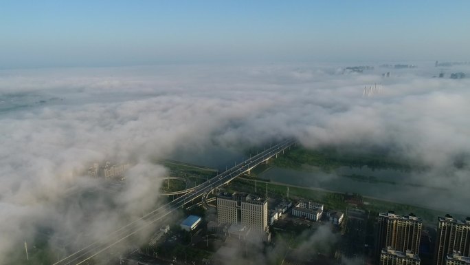 航拍襄阳平流雾云海城市风光海市蜃楼