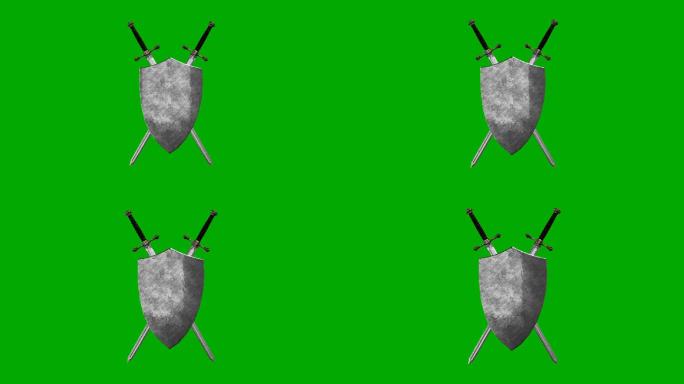 两把剑和一个盾牌在绿色屏幕背景上形成一个符号