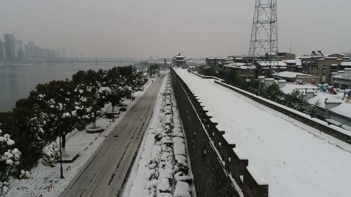 航拍襄阳古城雪景