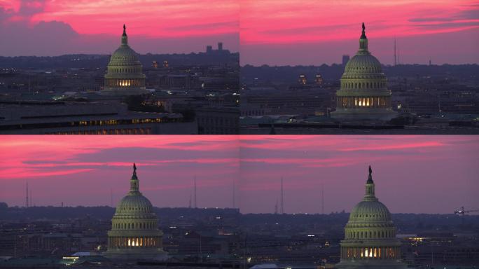 日落时美国国会大厦圆顶航拍