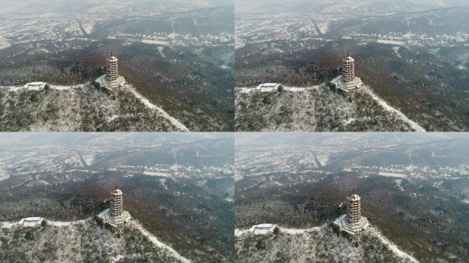 航拍襄阳古隆中风景区腾龙阁雪景风光