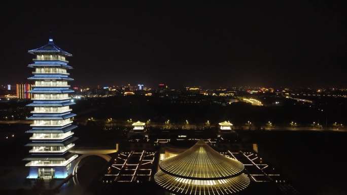 扬州大运河博物馆夜景航拍2021