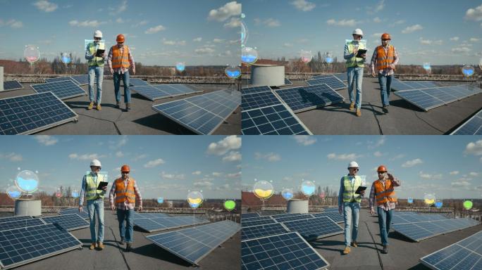工人们正在检查屋顶上的太阳能电池板