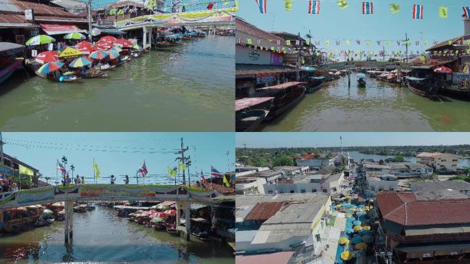 泰国旅游视频泰国水上市场狭窄的河道
