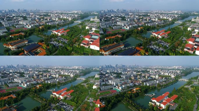 航拍襄阳古城南湖宾馆城市风光