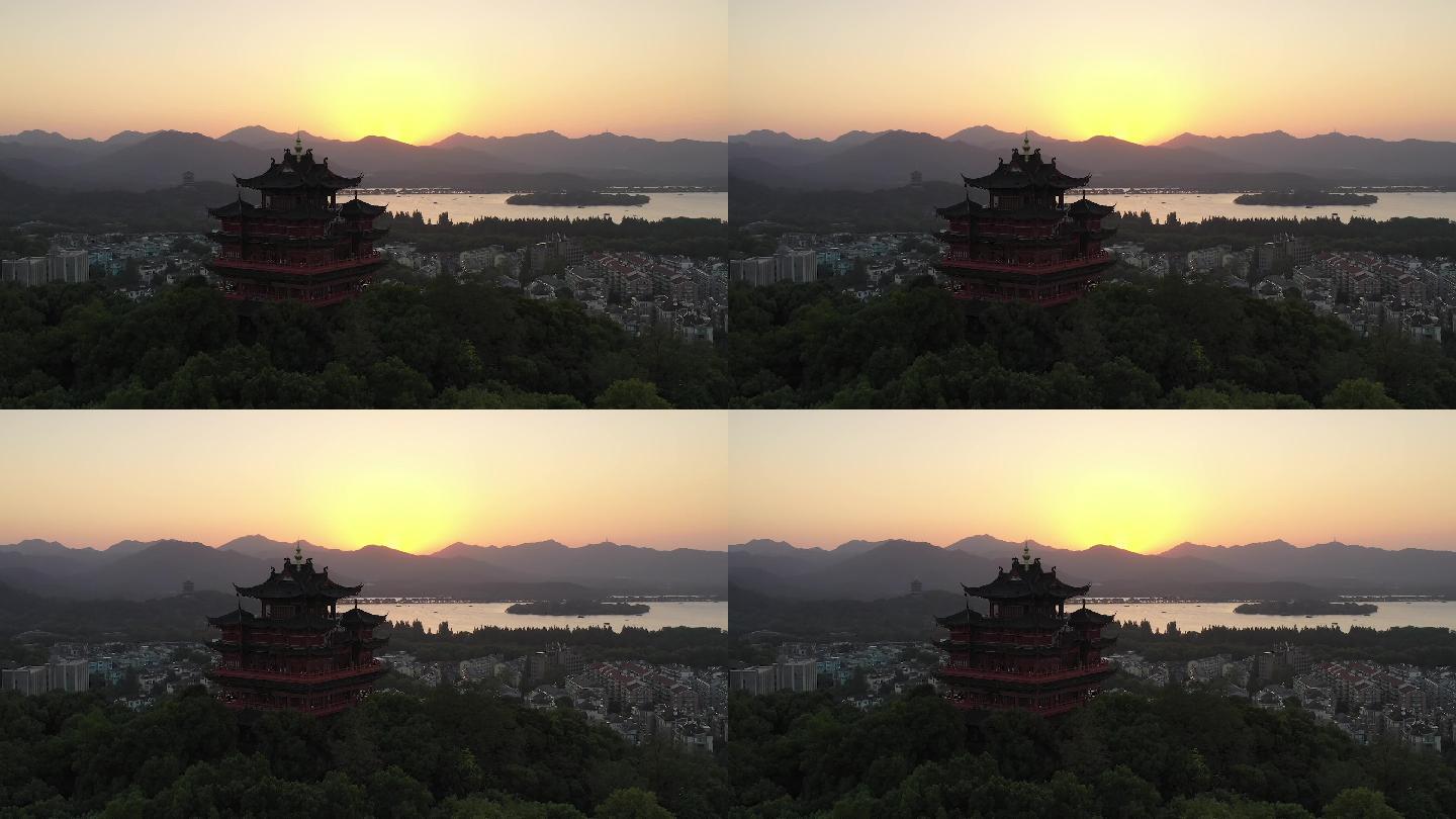 航拍杭州城隍阁西湖夕阳视频