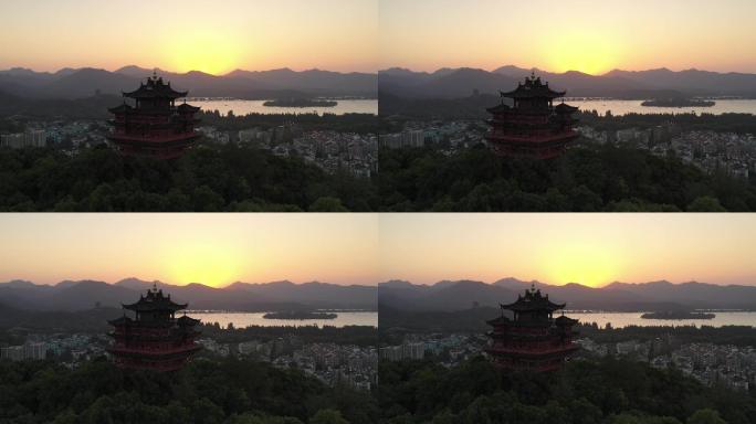航拍杭州城隍阁西湖夕阳视频