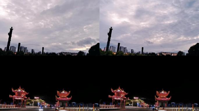婺源县文化广场和文公桥夜景延时摄影