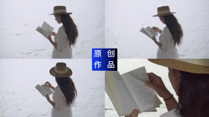 4K 读书日文艺女孩海边看书