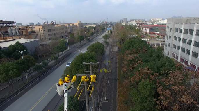 绍兴国家电网带电作业街道航拍场景