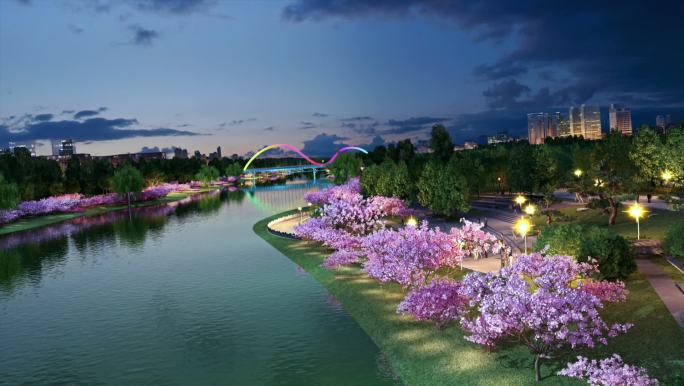 城市滨河河道河岸夜景