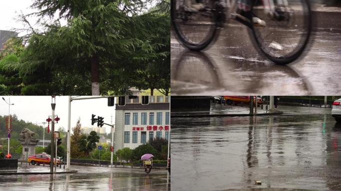 城市雨景雨天车来车往雨中行车湿漉漉的街道