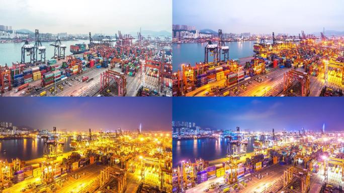 香港码头延时摄影航拍延时自动化货轮物流