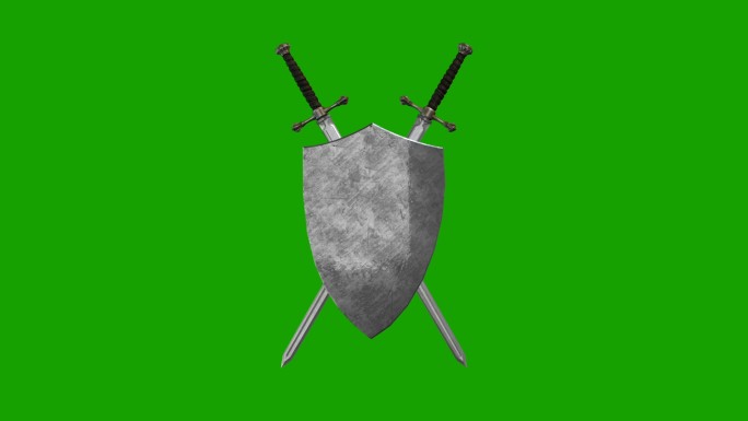中世纪的剑和盾在绿色屏幕背景上