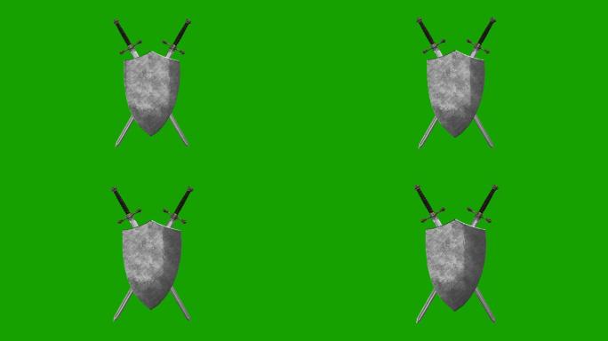 中世纪的剑和盾在绿色屏幕背景上