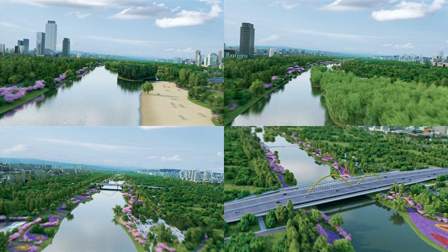 三维滨河城市鸟瞰