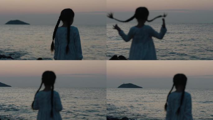 海边夕阳剪影小女孩孩子意境大海A007