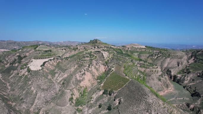 航拍陕北黄土高原大山及田地