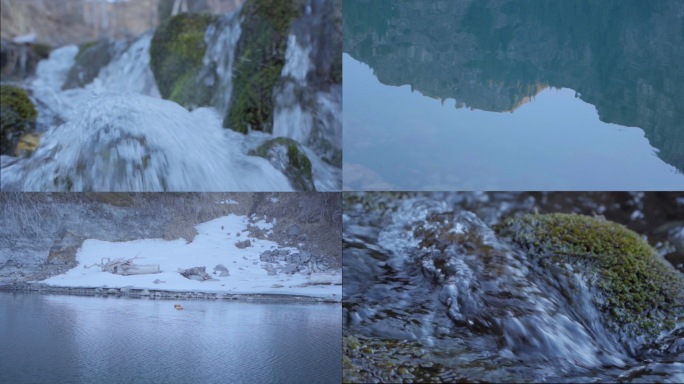 雪山融化小瀑布清澈湖泊