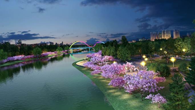 城市滨河河道河岸夜景