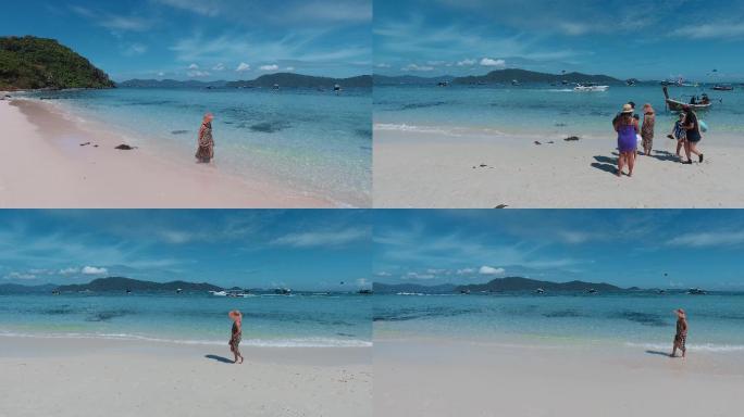 泰国旅游视频普吉岛蓝色海水白沙滩踏浪美女