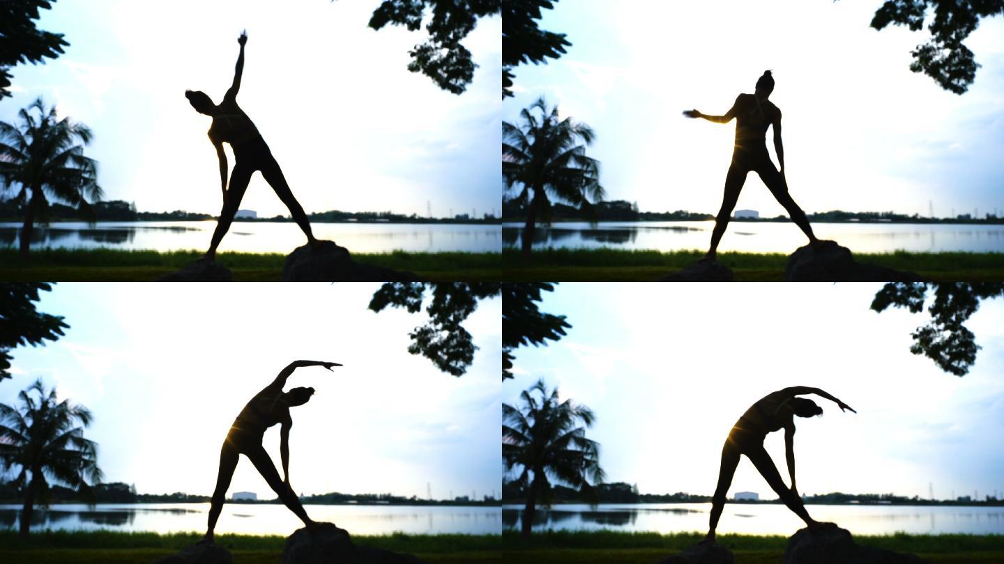 女性健身瑜伽和普拉提的剪影