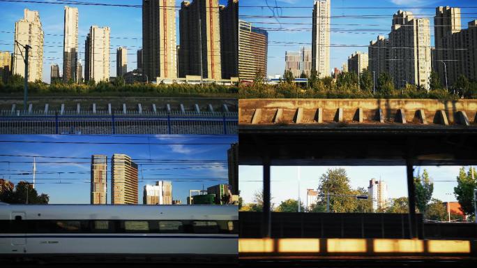 [4K]视频素材.高铁上看夕阳下的城市
