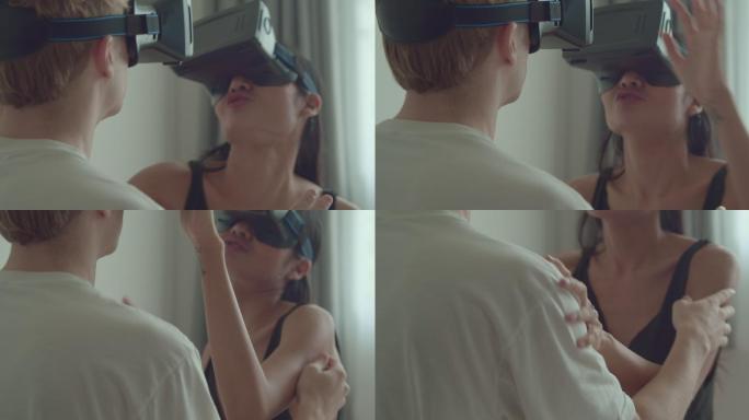 戴3D眼镜的夫妇美女无线技术浪漫