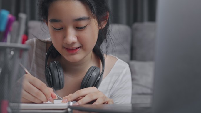 少女在电脑上学习-在线家庭教育概念