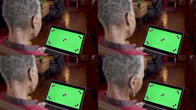 妇女在家里看绿屏笔记本电脑