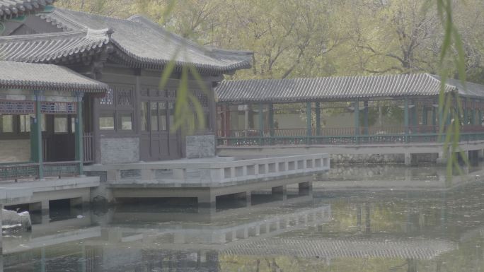 城市公园天津宁园人工湖水边中国风古建筑