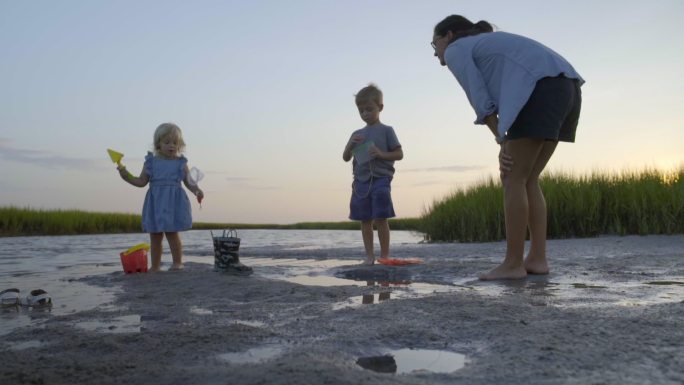 黎明时分，母亲和儿子女儿在潮池里抓螃蟹。