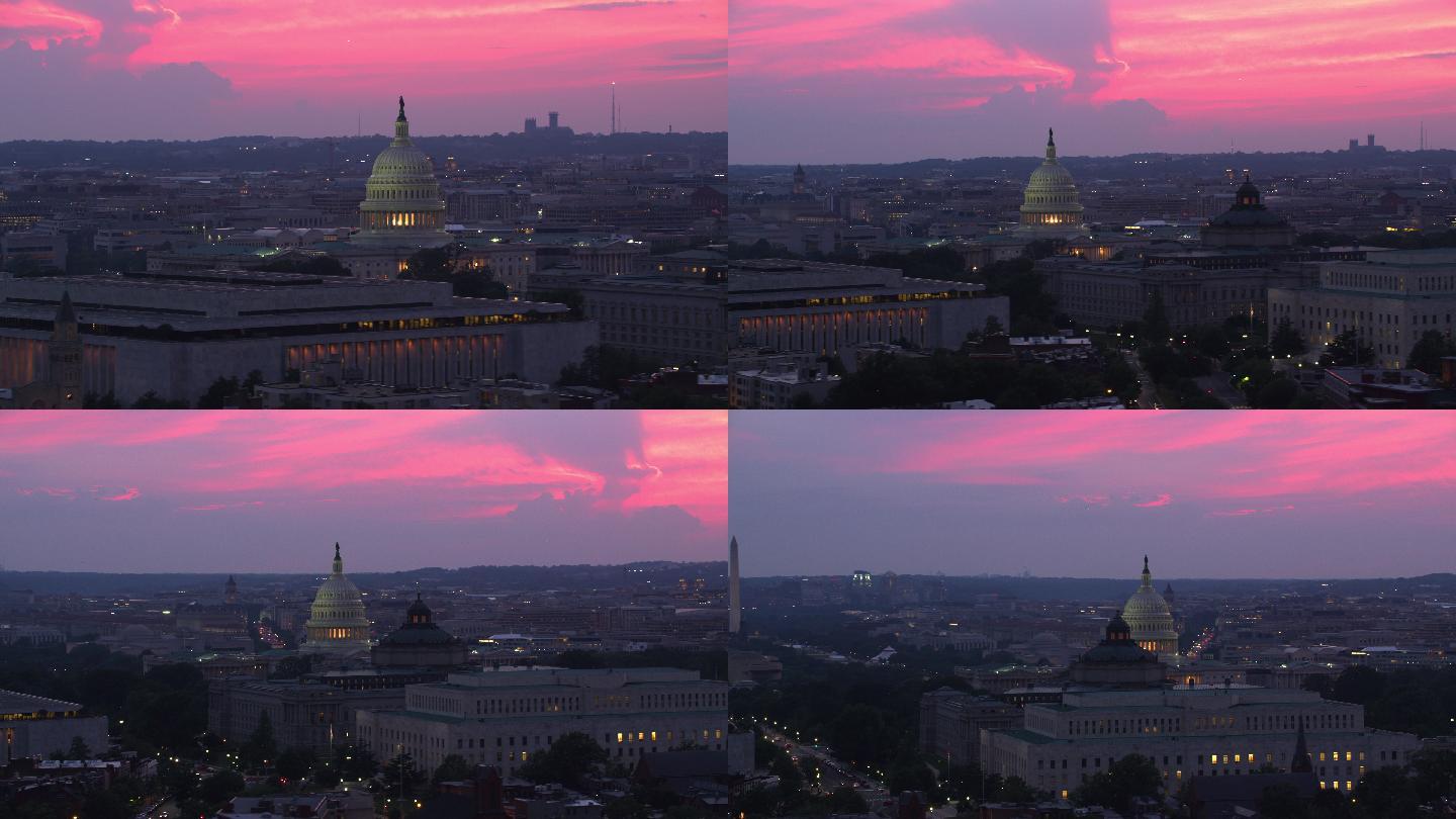 日落时美国国会大厦鸟瞰图。