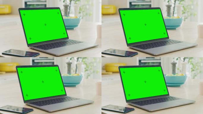 笔记本电脑上的绿色屏幕特写模型。