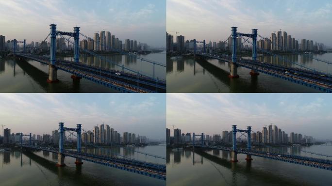 航拍汉江襄阳凤雏大桥悬索桥城市风光