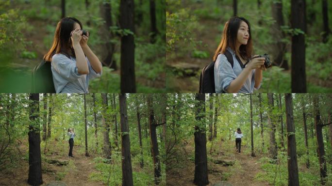 女孩在森林中拍照