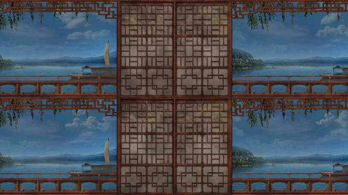 4K超清大屏素材古代窗棂远山 古船 风景