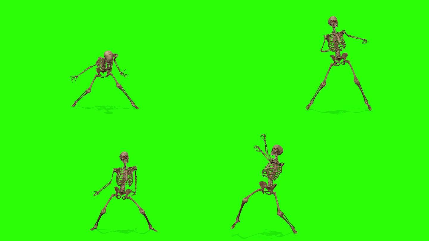 在绿色屏幕背景上跳舞的骷髅